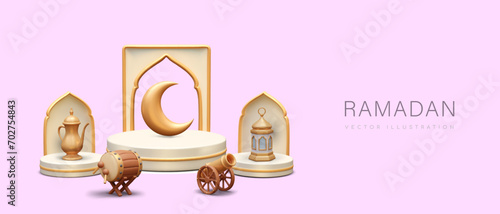 Greetings from Ramadan Kareem in cartoon style. Vector horizontal template on color background. Place for text. Muslim religious holiday. Stylish web banner