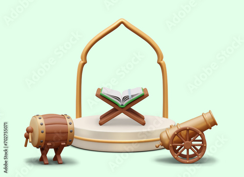 Concept of Muslim holiday on colored background. Poster with realistic elements. Arabic architectural arch, Koran on book stand, cannon, drum. Signal for believers
