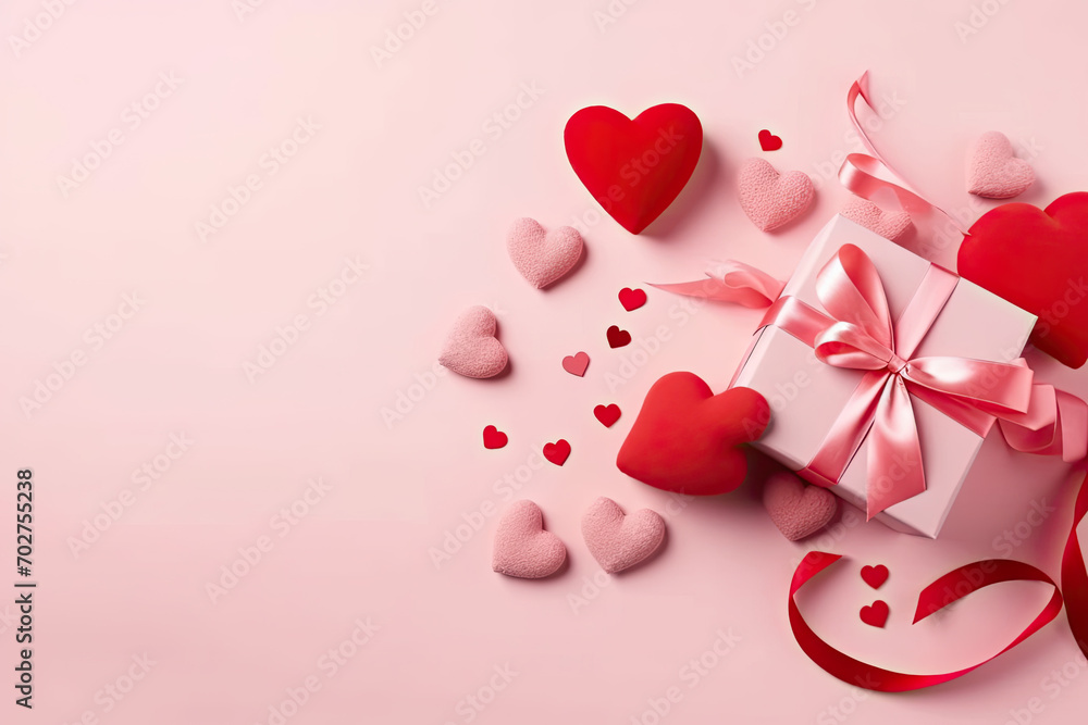 Valentine's Day background with hearts and gift boxes on pink background. Suitable for greeting cards, social media posts, and digital invitations, adding a festive touch to your Valentine's Day desig