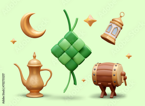 Traditional elements concept. Placard with ketupat, golden lantern, crescent, beautiful kettle, and bedug drum. Muslim concept. Vector illustration in 3d style