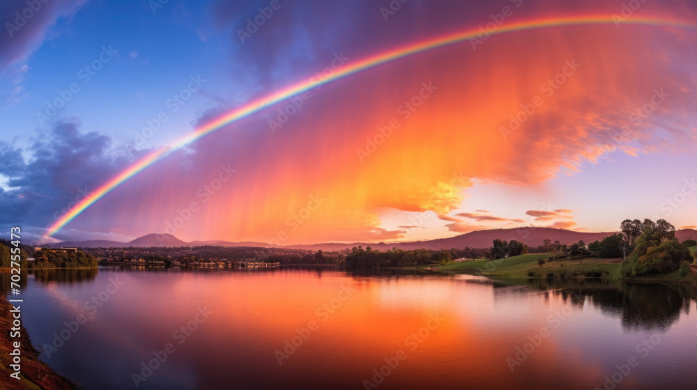 Beauty rainbow in storm cloud above autumn field landscape. Weather, nature background. Beauty rainbow in storm cloud above autumn field landscape. Weather, nature background.