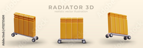 Heating battery on wheels. Compact mobile device for heating room. Yellow radiator in different positions. Winter household appliances. Set of realistic images for web design