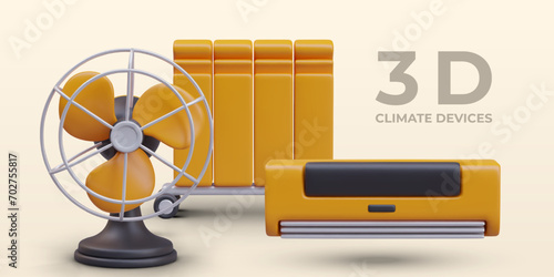 Set of climate devices for home and office. Air conditioner, fan, radiator on wheels. Yellow creative banner. Advertisement of modern electrical equipment for cooling, heating room