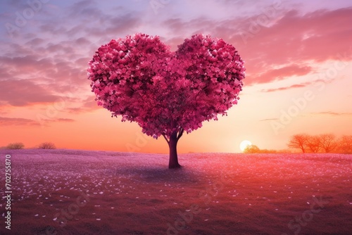Captivating romance  Heart-shaped tree made of pink leaves on a sunset canvas  perfect for Valentine s Day celebrations.