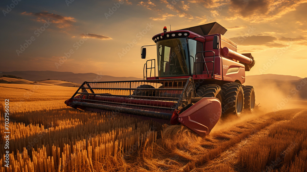 Fototapeta premium Harvester at Sunset Capturing the Essence of Agricultural Life