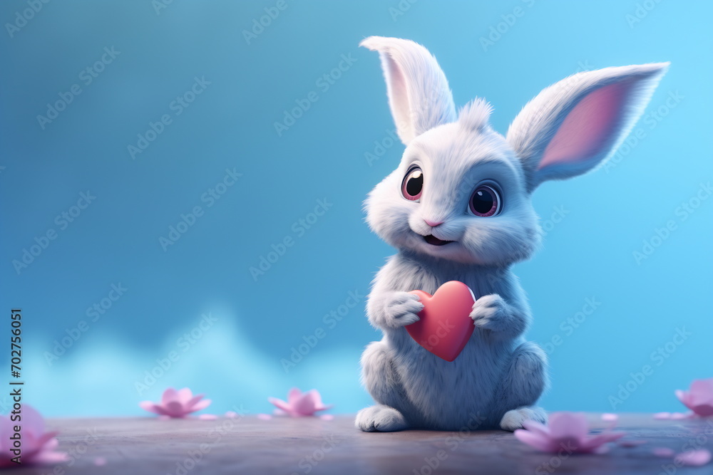 Fototapeta premium Valentine's day card with Kawaii bunny. Rabbit cartoon collection. Small lovely rabbit holds love heart