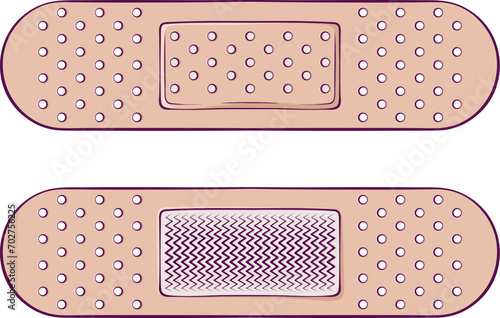 Medical bactericidal plaster. Adhesive bandage medical elastic patch. Front and back side. Vector illustration in hand drawn cartoon style. Simple color graphic isolated on white