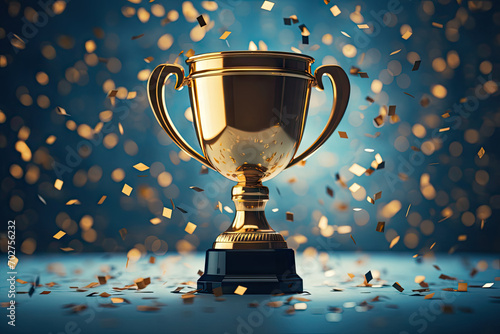 A gold trophy cup with confetti on blue background.Concept of success and achievement.Champions award, sport victory, winner prize concept. Competition success, first place, best win symbol. photo