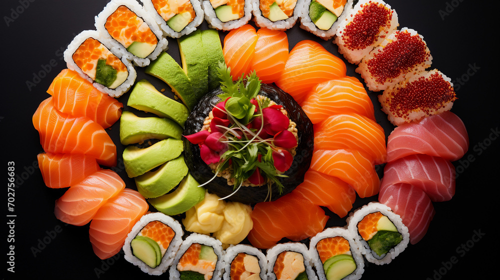 Neatly Arranged Sushi Rolls Offering a Visual Feast Neatly Arranged Sushi Rolls Offering a Visual Feast
