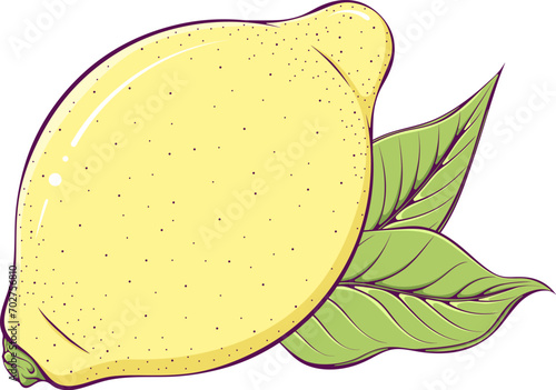Whole close up yellow lemon with leaves. Ripe sour fruit. Vector illustration in cartoon style isolated on white. Natural and healthy food