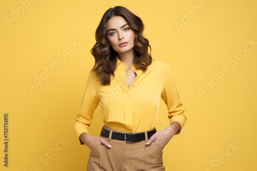A trendy young woman in chic clothing, striking a confident pose against a pastel yellow background, showcasing modern style.