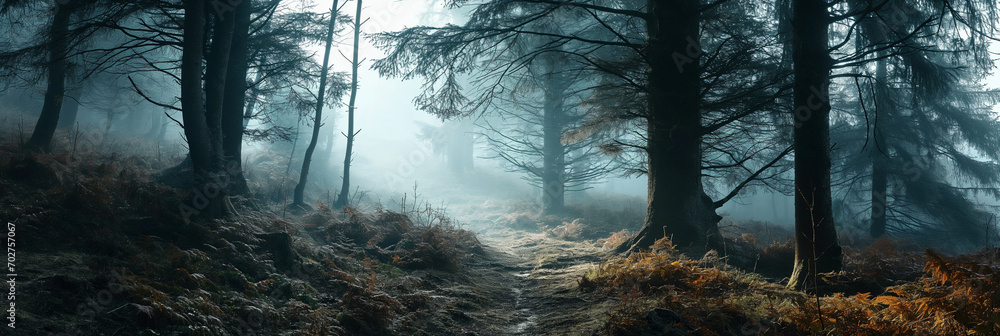 Obraz premium Misty forest with flowers and vegetations