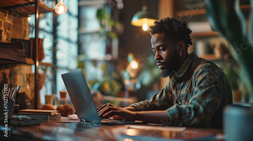 Young black african american man working remotely from home office photo