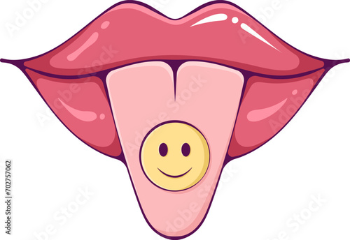 Lips sticking tongue out or lick. Sexy female mouth with lipstick, gloss. Vector illustration in hand drawn cartoon style isolated on white. Cute groovy lips with smiley