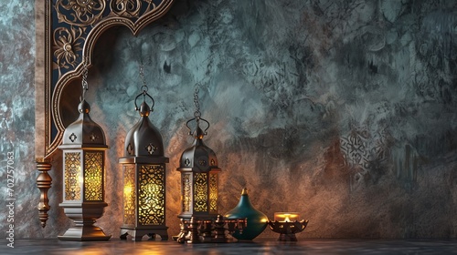 Arabic lantern of ramadan celebration background. Islamic holiday banner. photo
