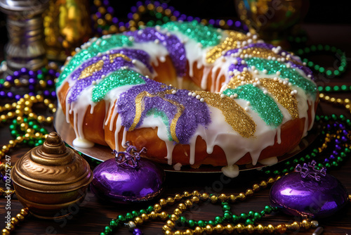 A close up of a king cake on a plate with Mardi Gras beads, depicts a detailed image of a decorated cake. Suitable for bakery promotions, dessert menus, and food-related designs.
