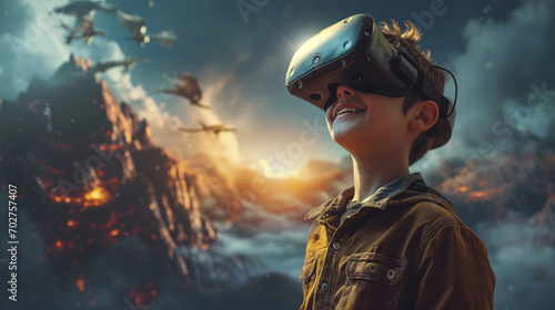 Young boy VR gaming with VR headset in a virtual scene with flying dinosaurs and dragons © Sophie 