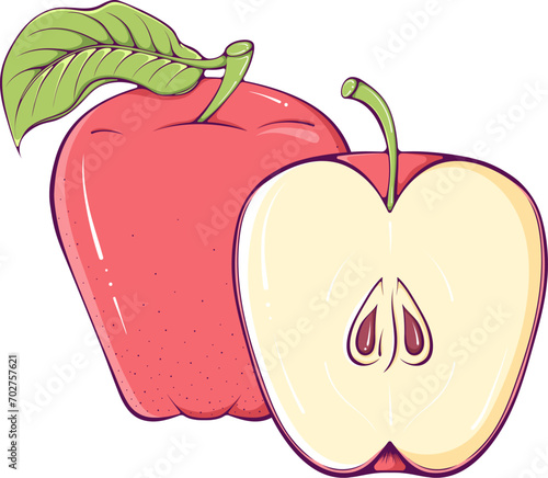 Whole and half red apple with leaf close up. Still life with ripe sweet summer fruits. Vector illustration in cartoon style isolated on white. Natural and healthy food