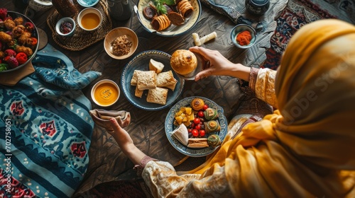 Muslim Woman eating iftar in Ramadan. Celebration Ramadan.