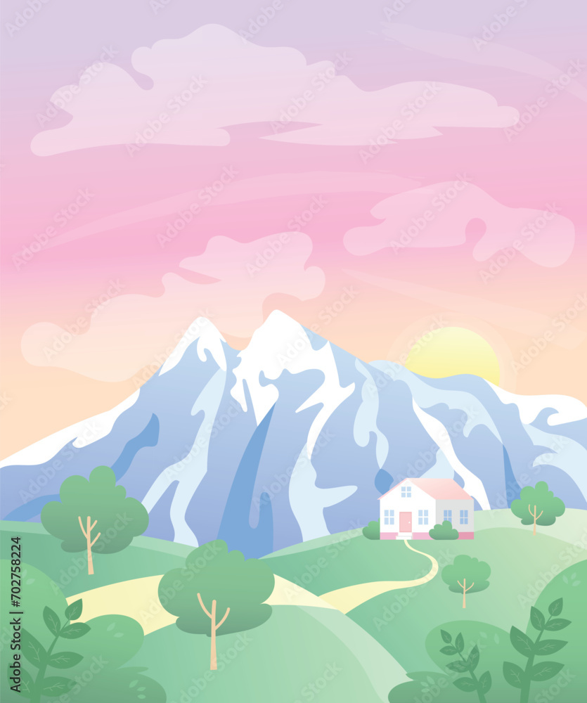 Beautiful sunset landscape with mountains and house. Vector illustration for tourism, travel agency 