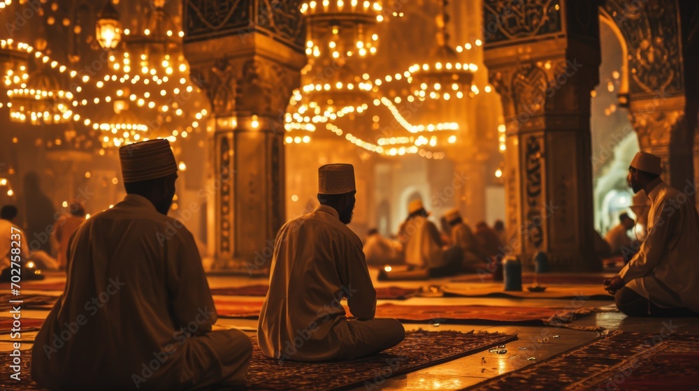 Religious muslim people praying in the mosque. Ramadan celebration Religious muslim people praying in the mosque. Ramadan celebration