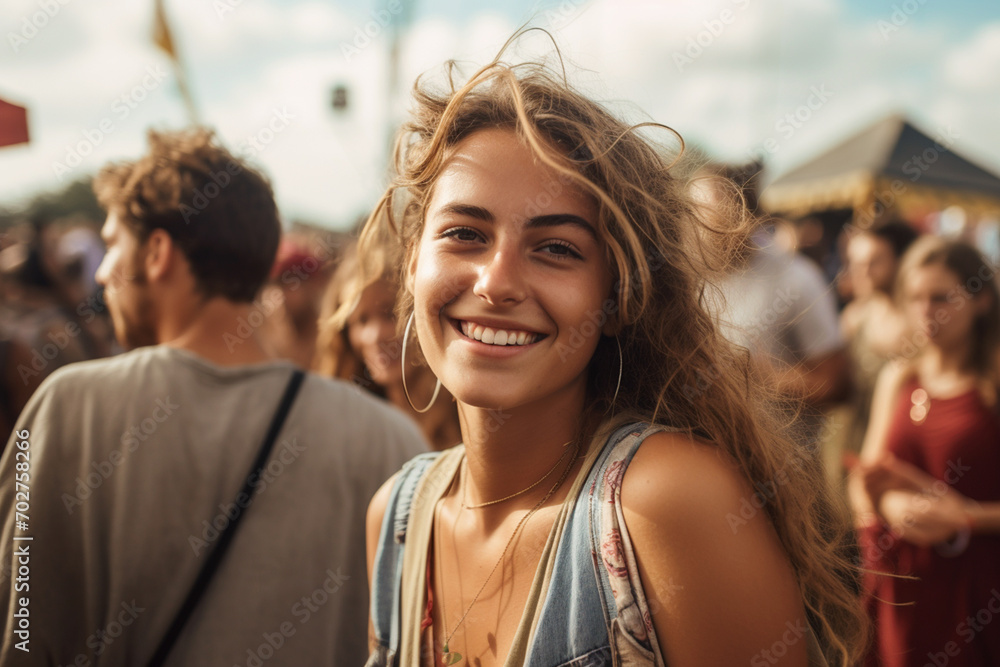 Naklejka premium Young woman enjoys a music festival