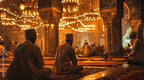 Religious muslim people praying in the mosque. Ramadan celebration photo