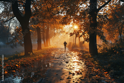 A person jogging through a dewy park at sunrise, the golden light casting long, energetic shadows as they embrace the serene beauty of the morning