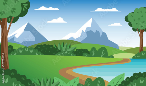 Nature landscape vector illustration with cartoon style. Beautiful spring landscape cartoon with green grass and blue sky