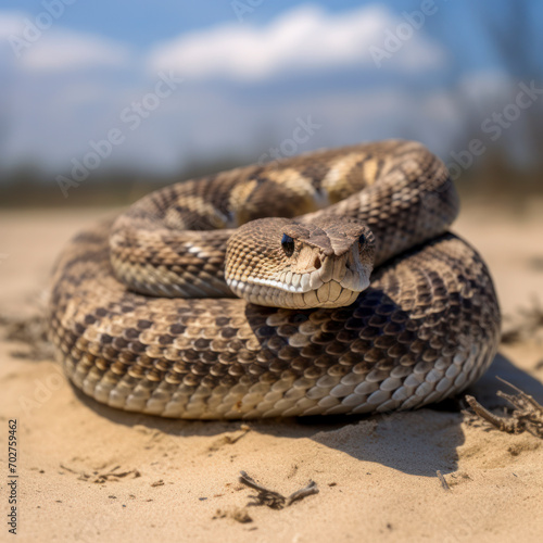 a north american rattle snake on sand.