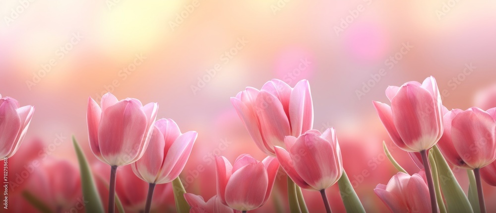 Beautiful pink Tulip on a blurred spring sunny background. bright pink tulip flower background for the spring or love concept. beautiful natural spring scene, texture for design, copy space. banner