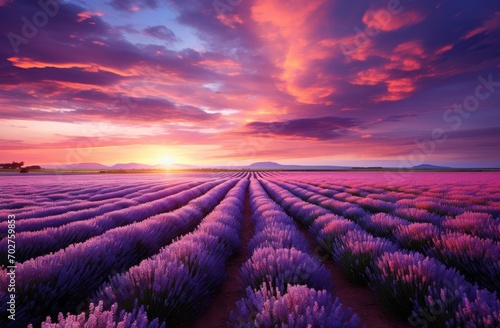 Lavender fields in the sun of richly colored skies, impressive panoramas