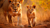 Lioness with a little lion cub. Selective focus.