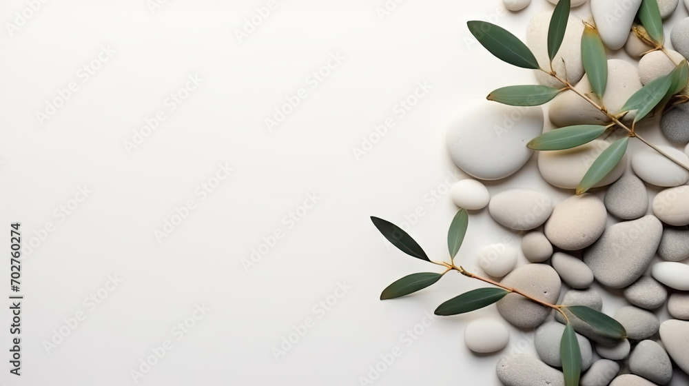 A branch of olive leaves and stones on a white background. This versatile asset is suitable for various designs like wellness and spa, nature and environment, and Mediterranean-inspired themes. A branch of olive leaves and stones on a white background. This versatile asset is suitable for various designs like wellness and spa, nature and environment, and Mediterranean-inspired themes.