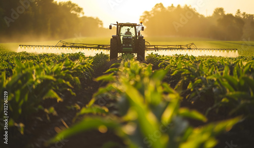 A tractor in a corn field with a sprayer spraying the crops. photo