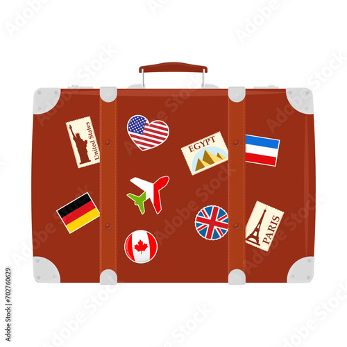 Retro Brown Leather suitcase With Travel Stickers, Metal Corners and Belts, Isolated on White Background. Icon Close Up. Vacation and Travel Concept. Vintage bag. Front view. Vector flat design
