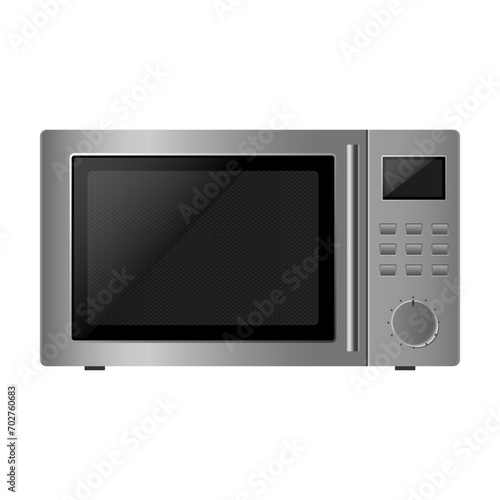 Realistic Microwave Isolated on White Background. Side View of Stainless Steel Over the Range Microwave Oven. Household Kitchen and Domestic Appliances. Vector 3d rendering