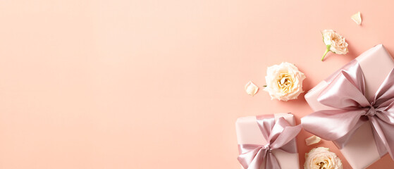 Gifts with pink ribbon bow, flowers buds on peach fuzz color background. Happy Valentine's Day, Mother's Day, International Womens day banner design.