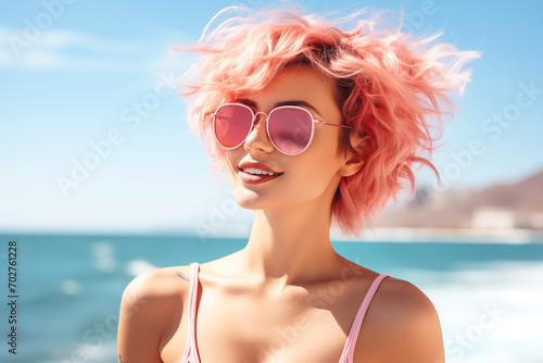 Happy Beautiful Woman with Pink Hair and Sunglasses. Summer concept
