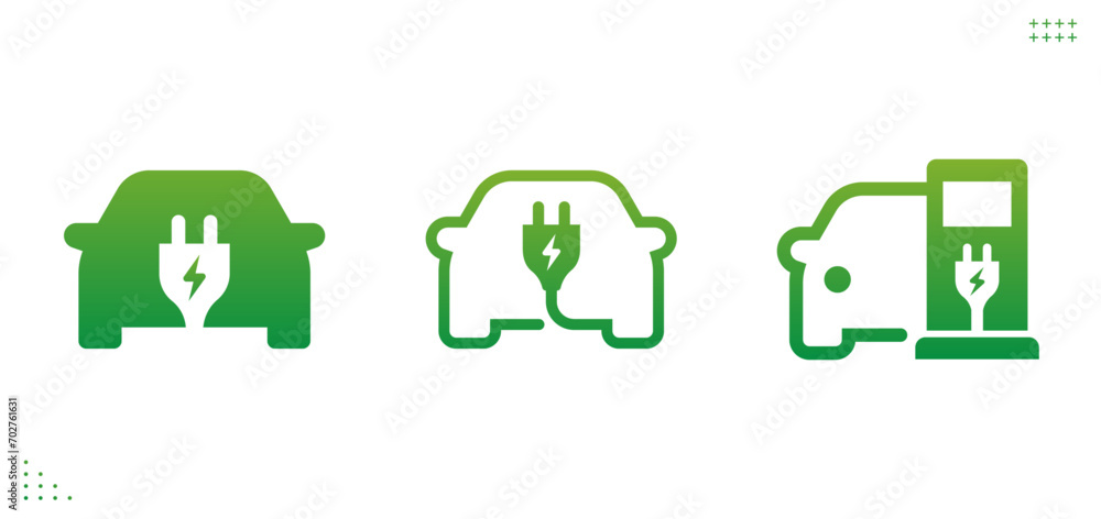 Green electric car with plug, ev charge station.Recharger station. Friendly eco energy. Sustainable green energy.  Vector illustration. - obrazy, fototapety, plakaty 