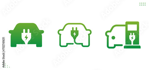 Green electric car with plug, ev charge station.Recharger station. Friendly eco energy. Sustainable green energy.  Vector illustration. photo