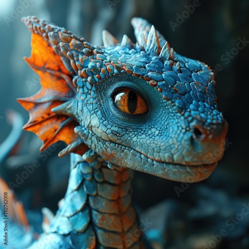 A close up of a blue and orange dragon statue  happy Chinese New Year 2024  Dragon Year.
