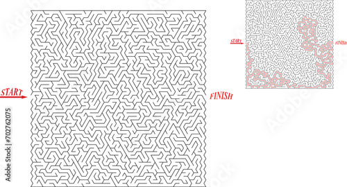 Huge square labyrinth with triangular cell. Maze of high complexity with solution. Black and white complex riddle with very high level of difficulty. Nice brainstorm puzzle