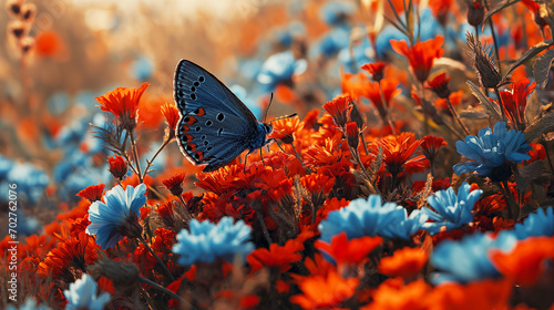 blue butterfly with circular white patterns on its wings rests among a vibrant field of red and blue flowers, glowing in warm sunlight