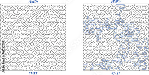 Huge square labyrinth with triangular cell. Maze of high complexity with solution. Black and white complex riddle with very high level of difficulty. Nice brainstorm puzzle