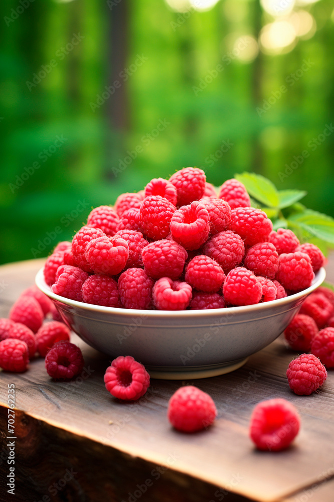 Raspberries in a bowl in the garden. Selective focus. Raspberries in a bowl in the garden. Selective focus.