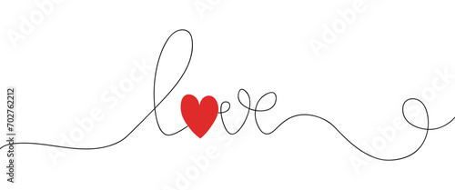 Love word continuous one line drawing. Red heart. For wedding, Valentine's Day card. Linear style. Lettering. Calligraphy. Valentine's Day, wedding, love, couple. Doodle. Vector illustration.