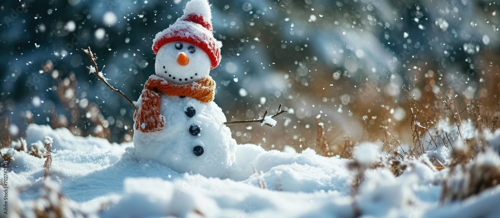 Obraz premium Joyful snowman in snowy wonderland.