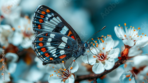 butterfly with black, white, and orange spots is perched on a branch with white blooming flowers. Another insect is on the branch too © weerasak