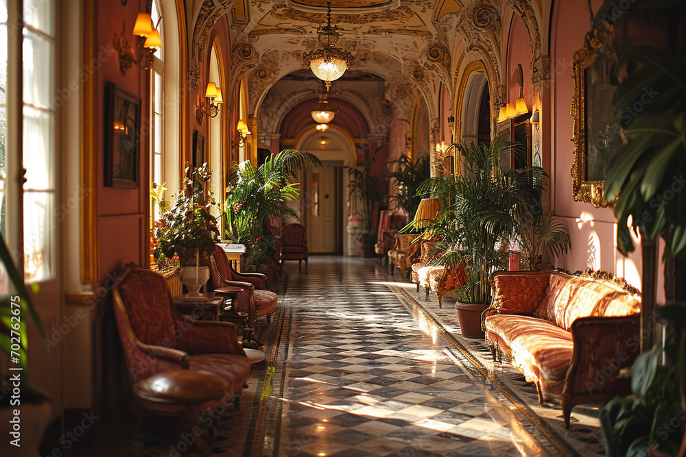 Hotel Aesthetic of beginning of 20th century, corridor and stylish furniture